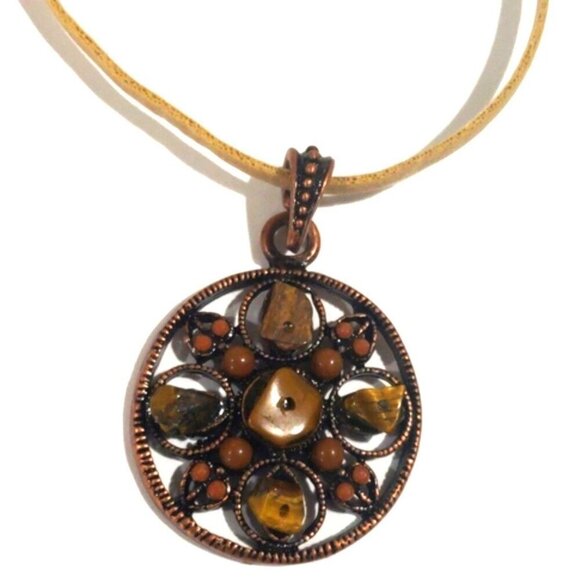 Tan color Cord Filigree Brown Circle Design Pendant Necklace, Women's Jewelry #2 - Picture 1 of 8
